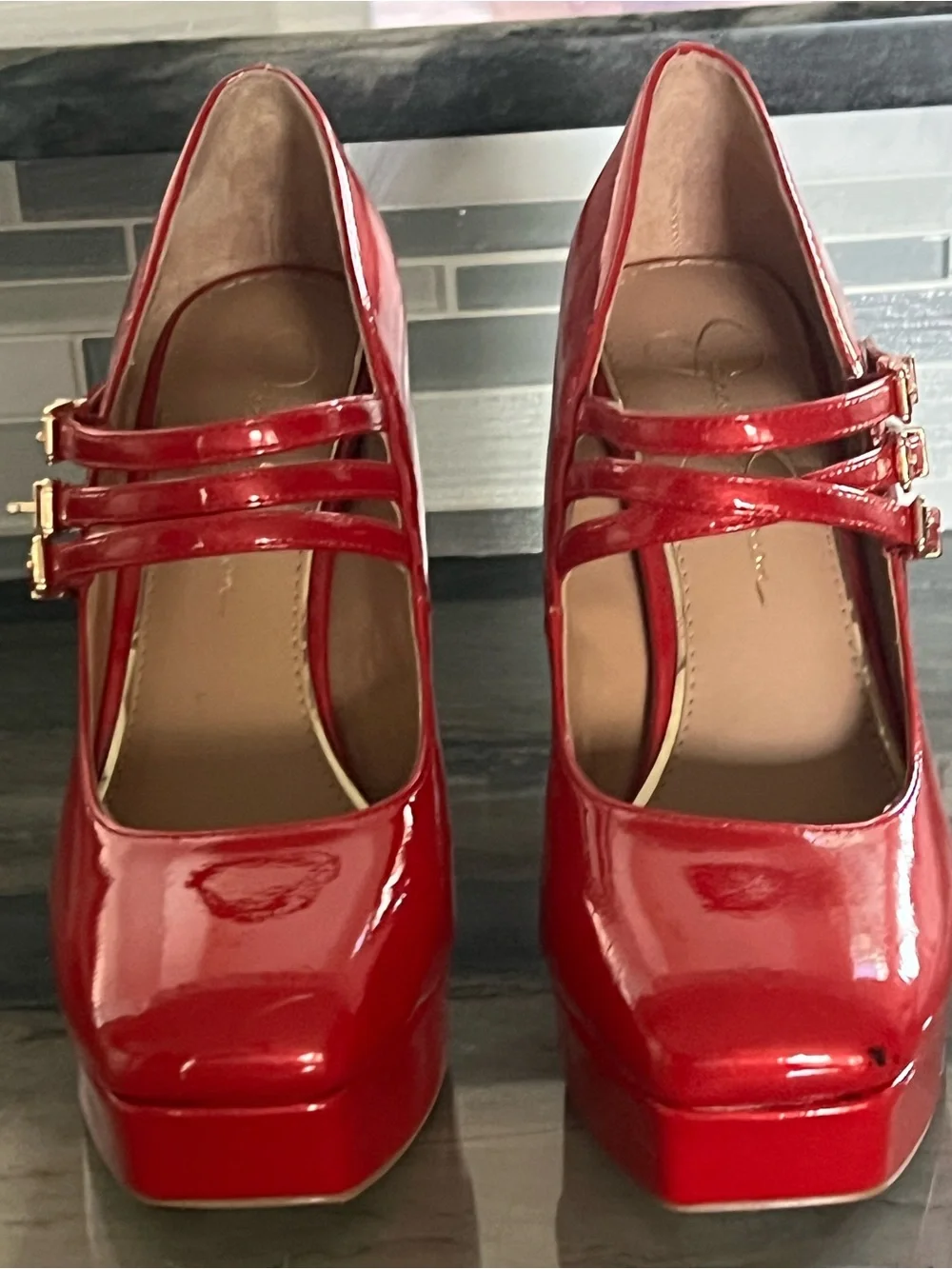 Jessica Simpson Red Patent Triple-Strap Platform Heels